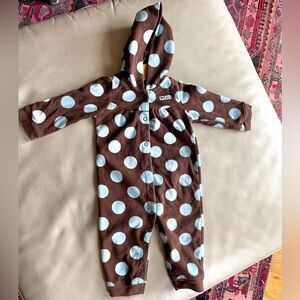 Fleece Hooded Baby Girl Cozy Winter Jumpsuit, Brown & Blue Polka Dots, Leg Snaps